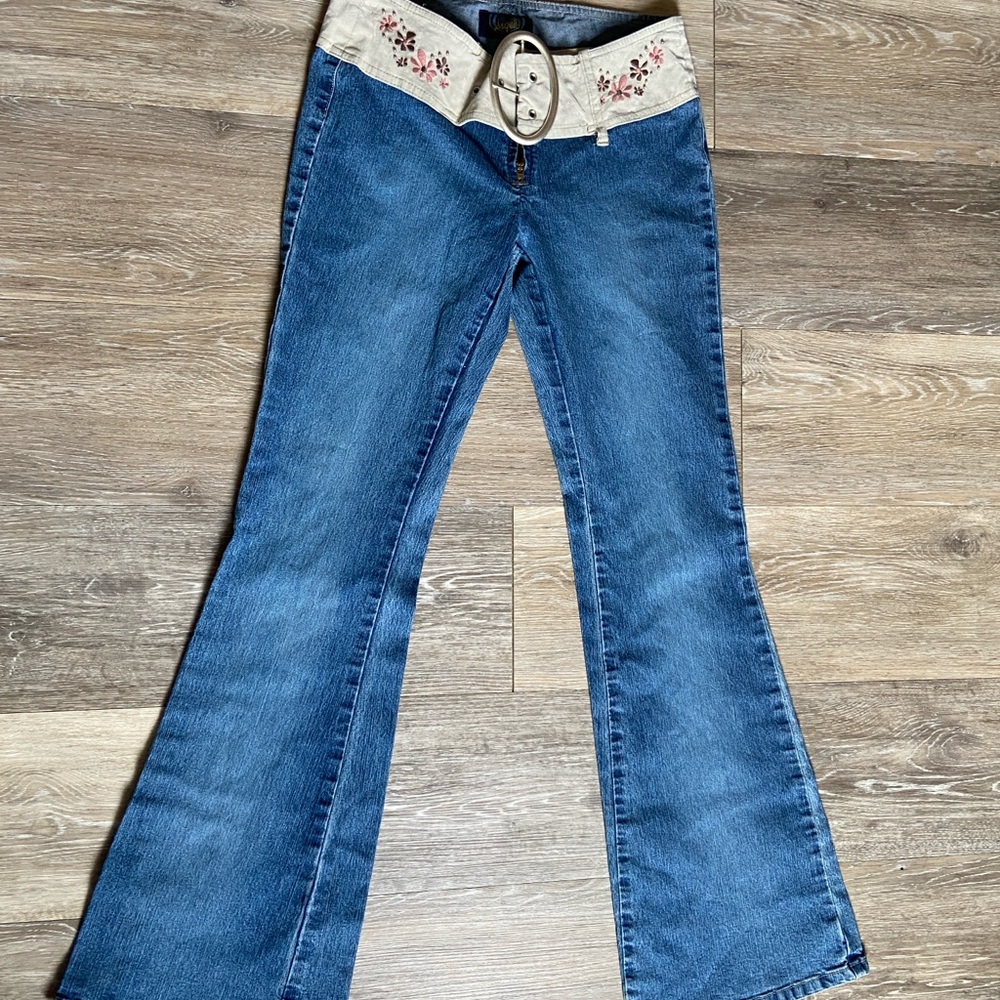 Women's Blue Flared Jeans with Embroidered Waistband